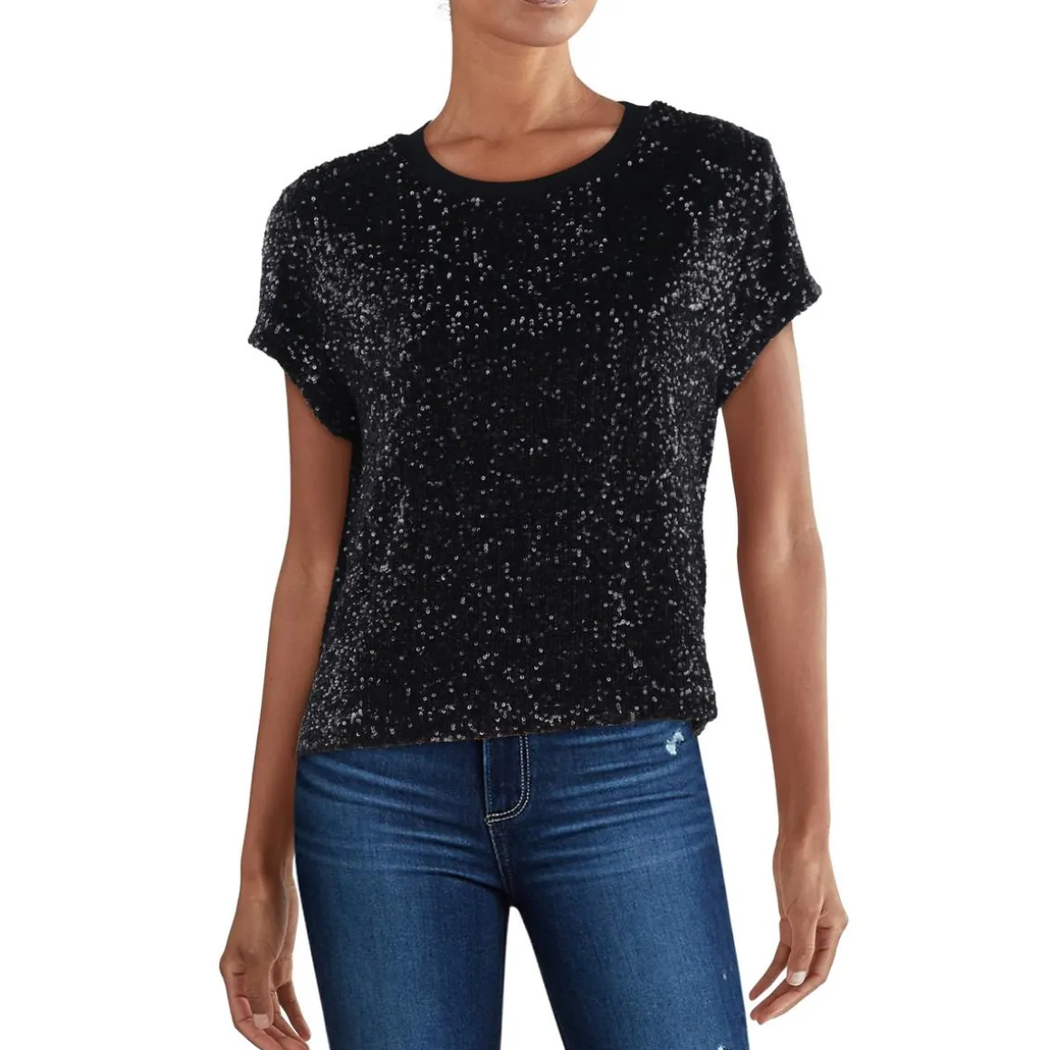 Ribbed Trim Sequined Pullover Top