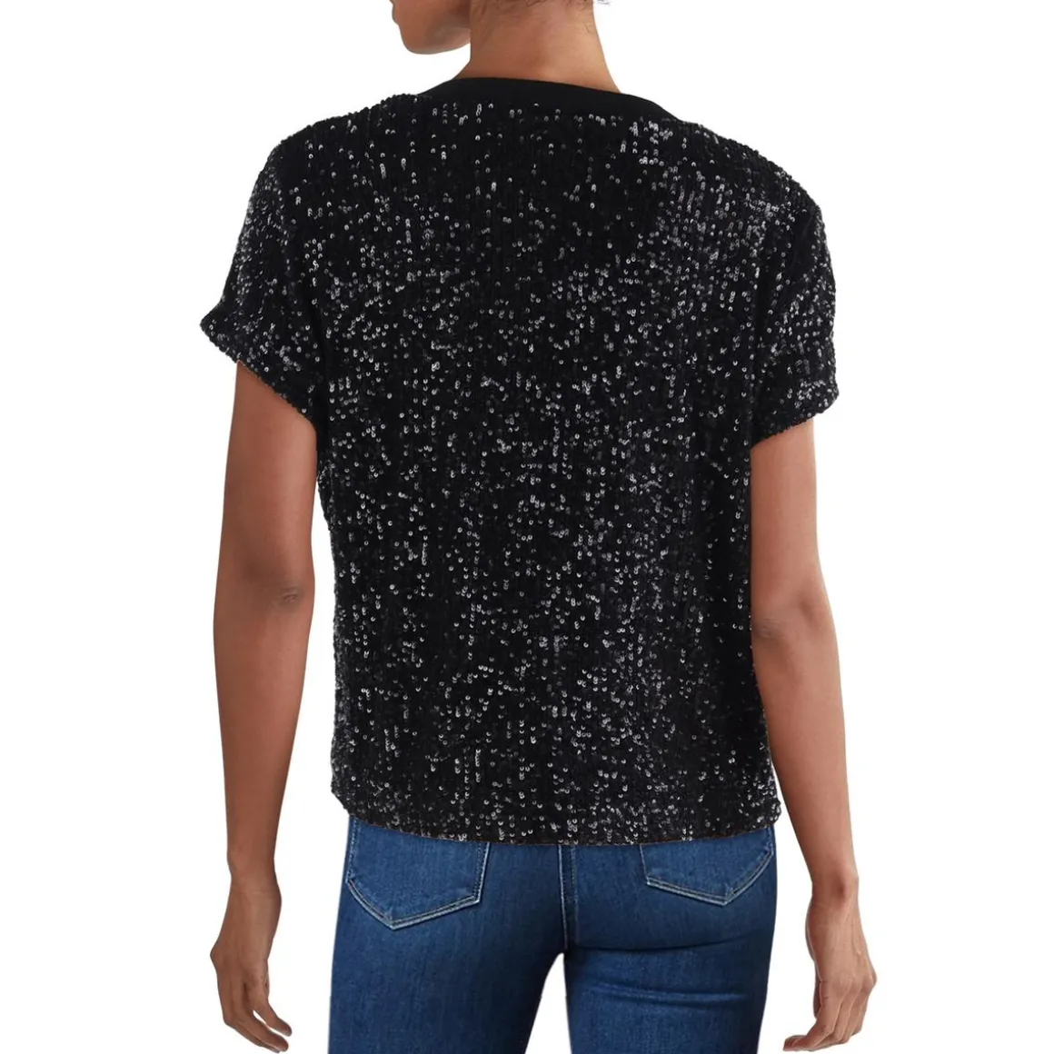 Ribbed Trim Sequined Pullover Top