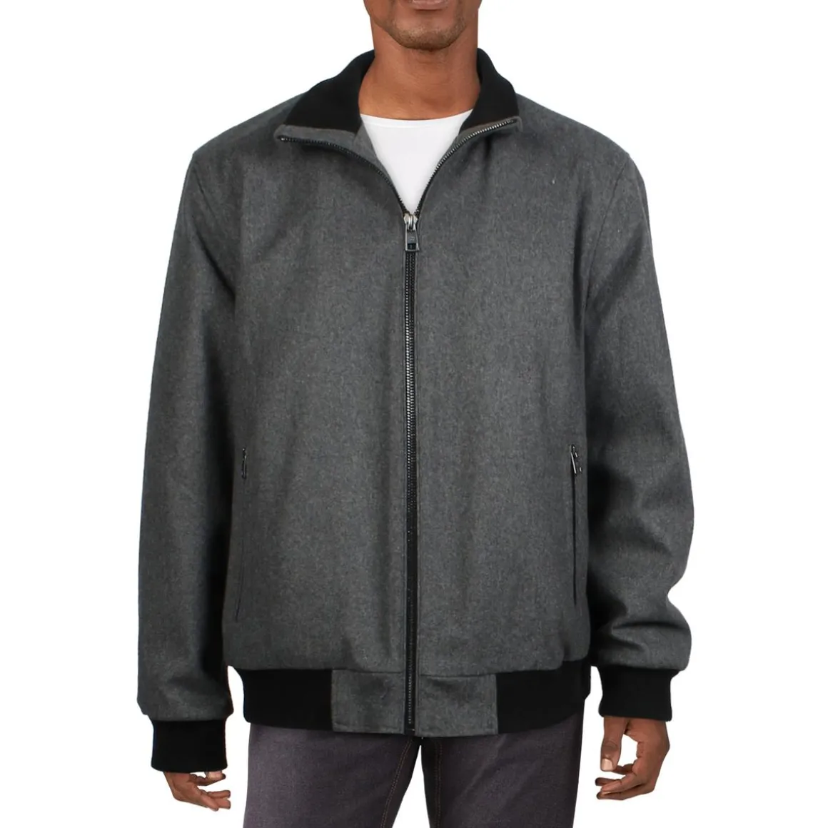 Ribbed Trim Wool Bomber Jacket