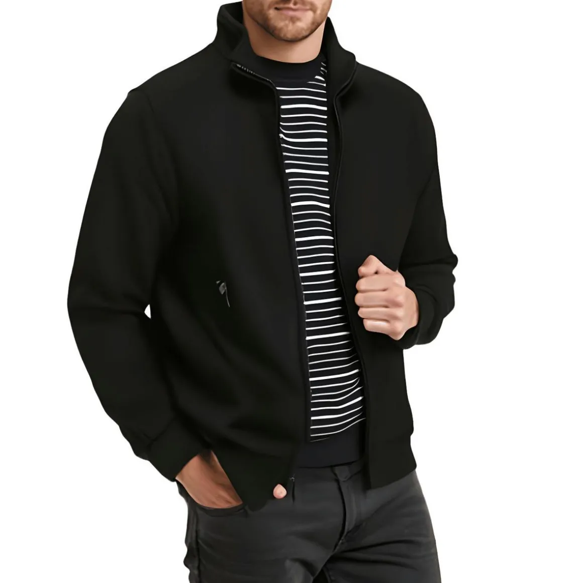 Ribbed Trim Wool Bomber Jacket