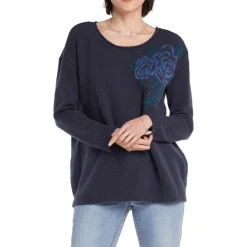 Rose Ribbed Trim Pullover Sweater