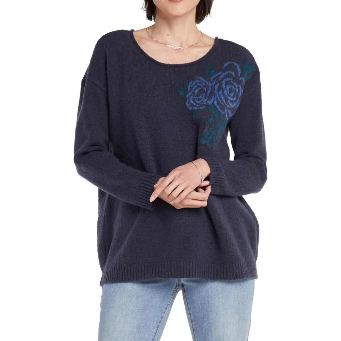 Rose Ribbed Trim Pullover Sweater