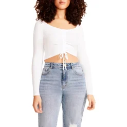 Ruched Tie Front Long Sleeve Crop Top