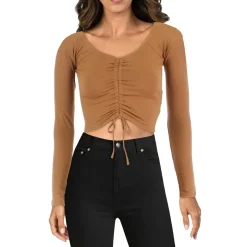 Ruched Tie Front Long Sleeve Crop Top