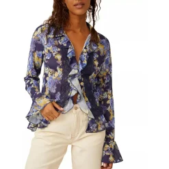 Ruffled Pleated Button-Down Top