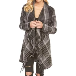 Sage Plaid Asymmetric Fringed Wool Coat