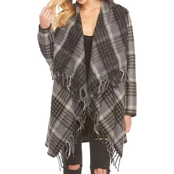 Sage Plaid Asymmetric Fringed Wool Coat