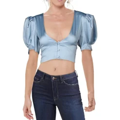 Satin Puff Sleeves Crop Top