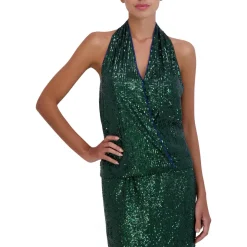 Sequined Faux Wrap Halter Top