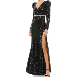 Sequined Puff Sleeve V-Neck High Slit Gown