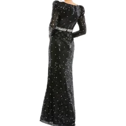 Sequined Puff Sleeve V-Neck High Slit Gown