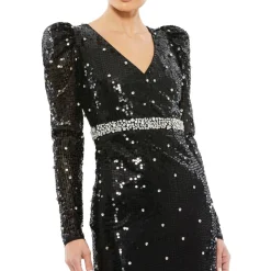 Sequined Puff Sleeve V-Neck High Slit Gown