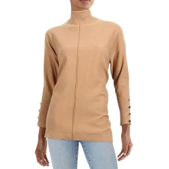 Side Slit Button-Trim Mock Turtleneck Sweater