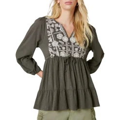 Split Neck Tie Front Peasant Top