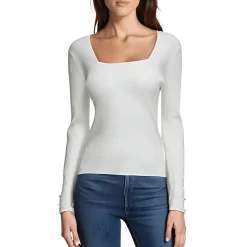 Square Neck Button Trim Pullover Sweater