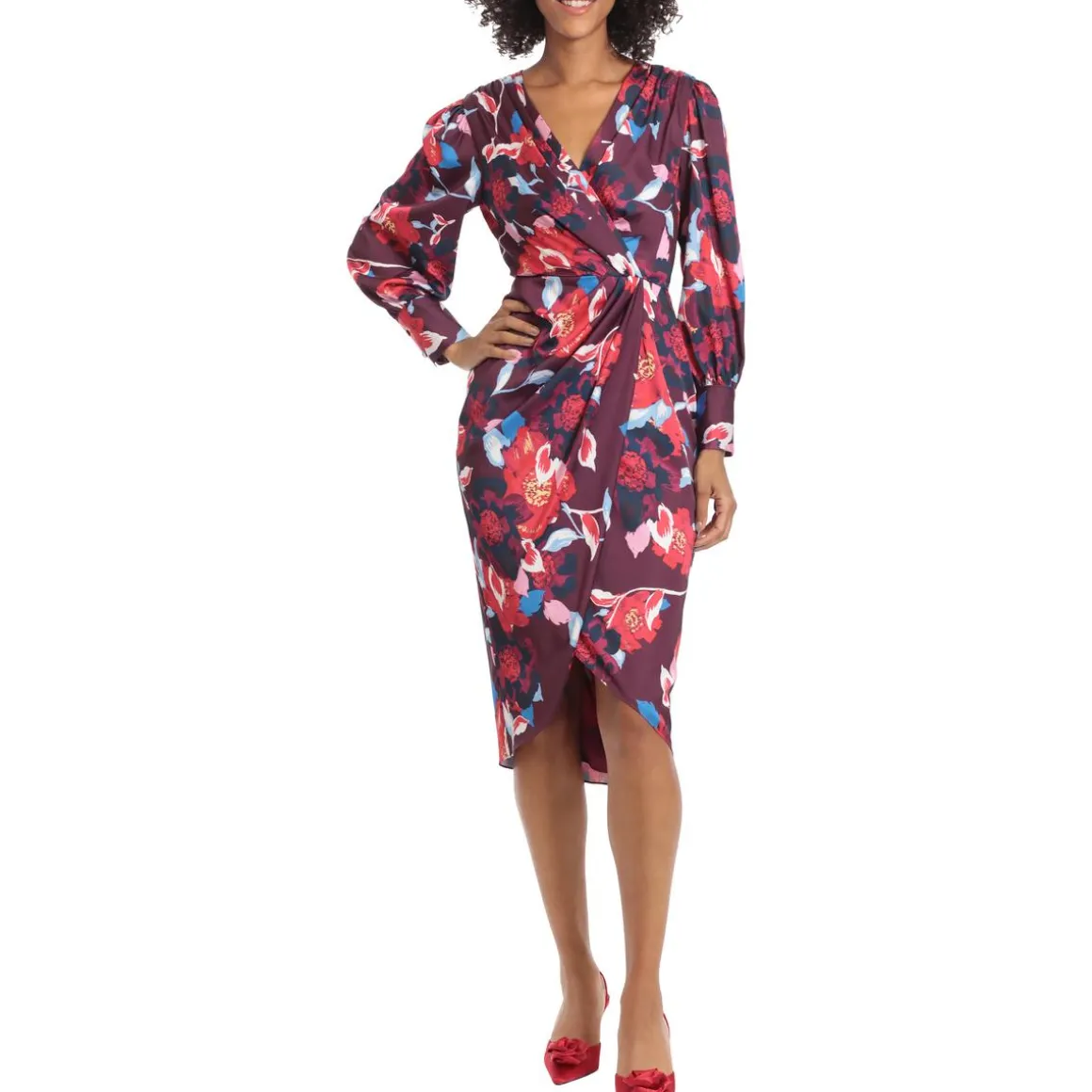 Surplice Mid Calf Wrap Dress