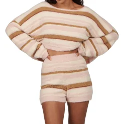 Tellow Striped Fuzzy Knit Long Sleeve Crop Top