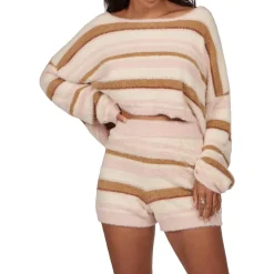 Tellow Striped Fuzzy Knit Long Sleeve Crop Top