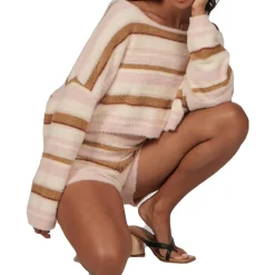 Tellow Striped Fuzzy Knit Long Sleeve Crop Top