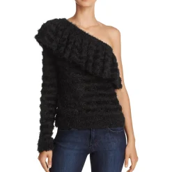 Wayf Johnie Ruffled Shadow Stripe One Shoulder Sweater