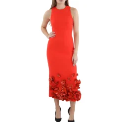 Wool Leather Flower Midi Dress